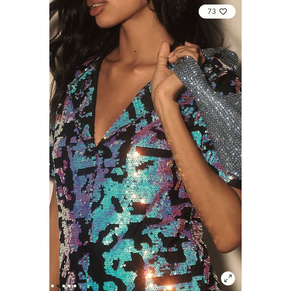 Anthropologie Sz M Bhanui by Jyoti Sequin Mini Dress Iridescent Blue Black Party - Picture 5 of 11